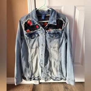 Arizona Light Blue Denim Jacket with Floral Lace Embroidery